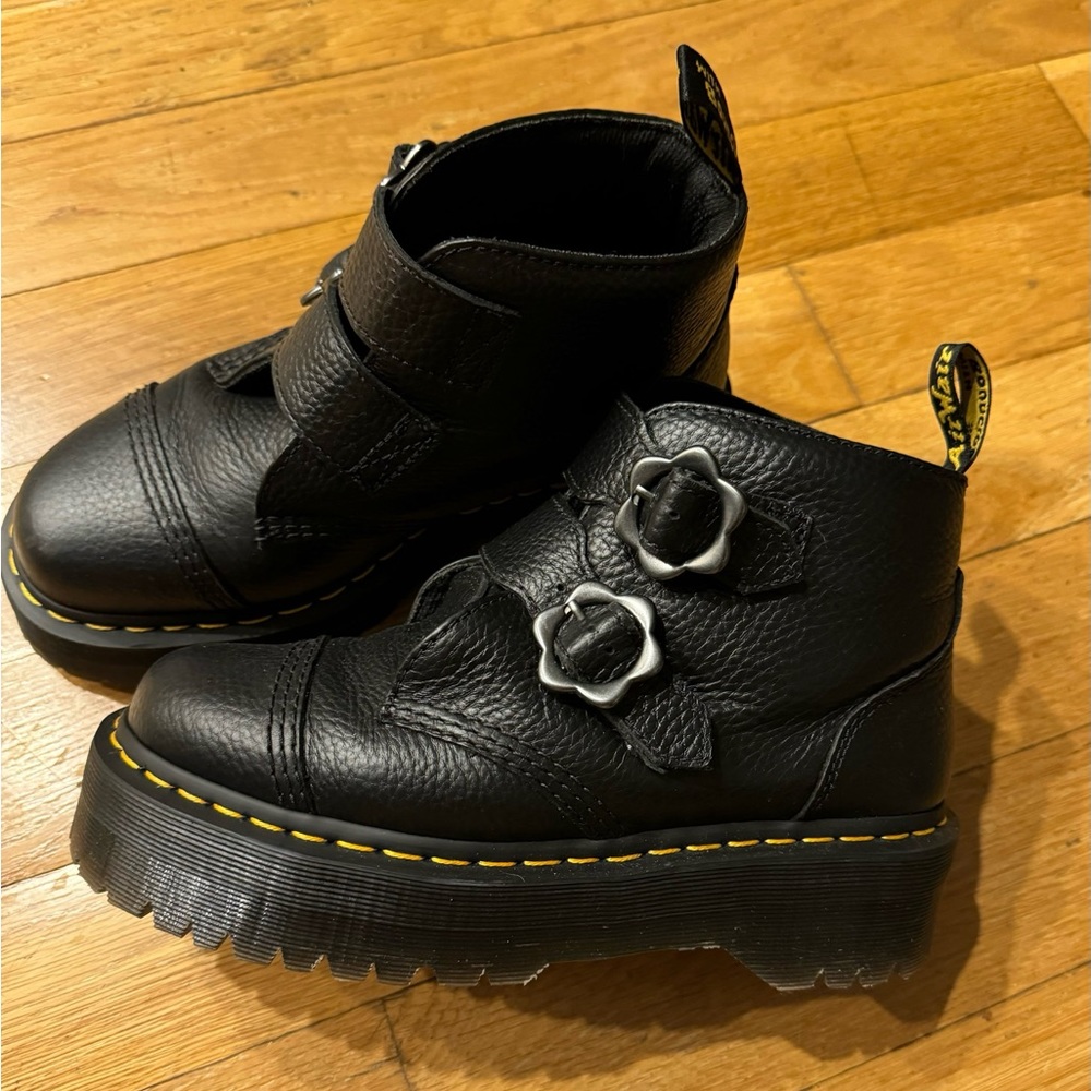 Dr. Martens Devon Flower Buckle Leather Platform Boots, Size UK 6/ US 8